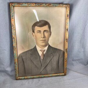 Antique Wood picture frame with Convex Glass Bubble Vintage Portrait 10 x 14